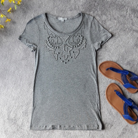 J. Crew Grey Beaded Grey T Shirt Tee Top - Picture 1 of 3